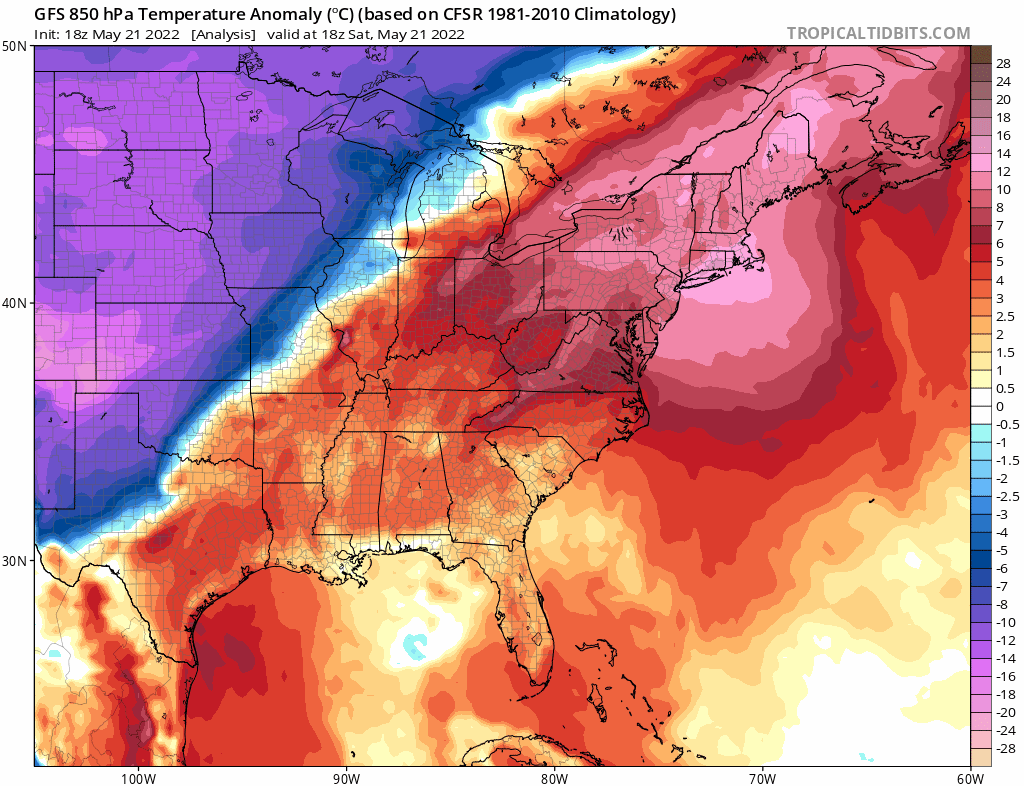850 millibar temperature differences to average